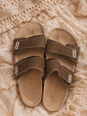 Skechers Brown Double-Strap Suede Slide Sandals